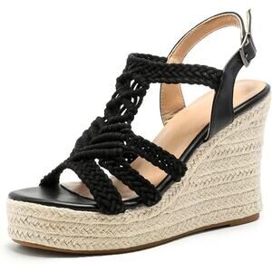Sopends Womens Size 7 Black Crochet Espadrille 4" Wedge Open Toe Sandals Shoes